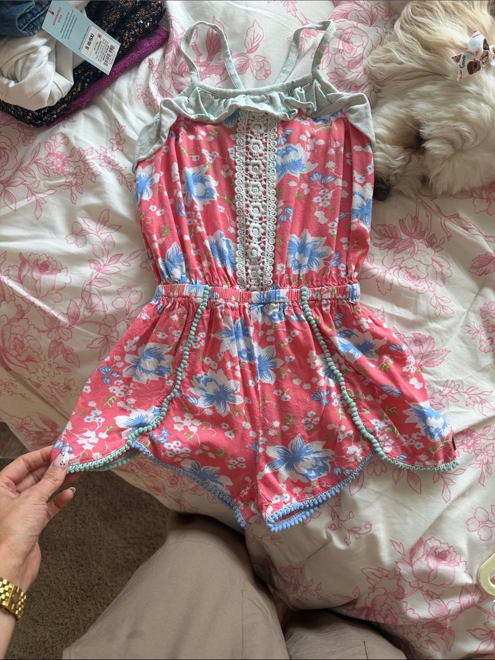 Matilda Jane Pink Floral Romper with Blue Flowers and Mint Trim